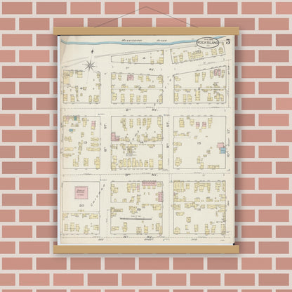 Old map wall art mockup — magnetic wood frame on brick wall — Sanborn Fire Insurance Map from Rock Island, Rock Island County, Illinois (1886), Sheet #0005