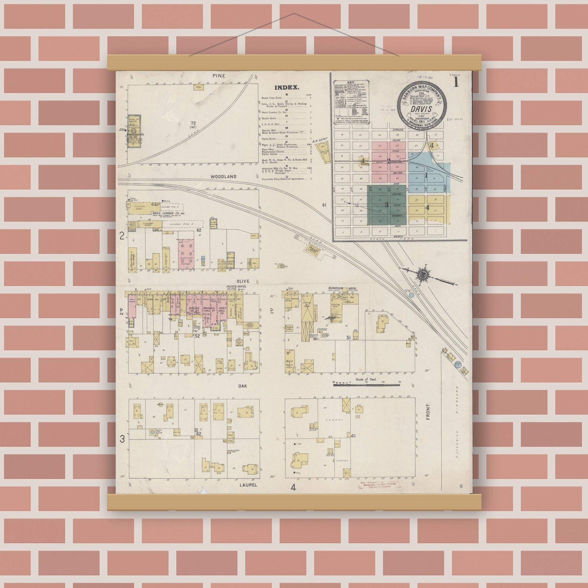 Old map wall art mockup — magnetic wood frame on brick wall — Sanborn Fire Insurance Map from Davis, Yolo County, California (1911) - Complete Map Set