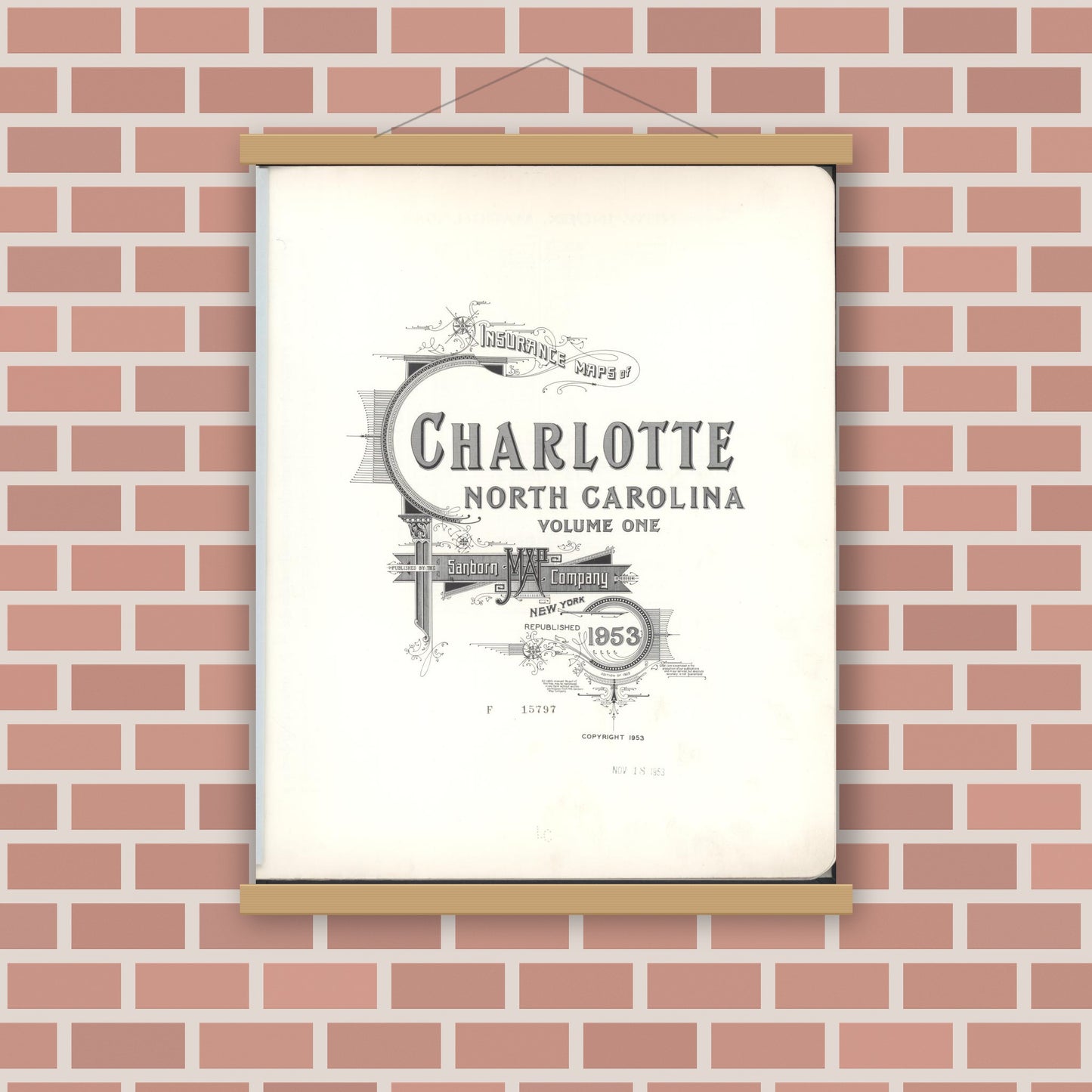Old map wall art mockup — magnetic wood frame on brick wall — Sanborn Fire Insurance Map from Charlotte, Mecklenburg County, North Carolina (1953), Sheet #0001