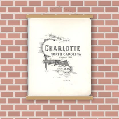Old map wall art mockup — magnetic wood frame on brick wall — Sanborn Fire Insurance Map from Charlotte, Mecklenburg County, North Carolina (1953), Sheet #0001