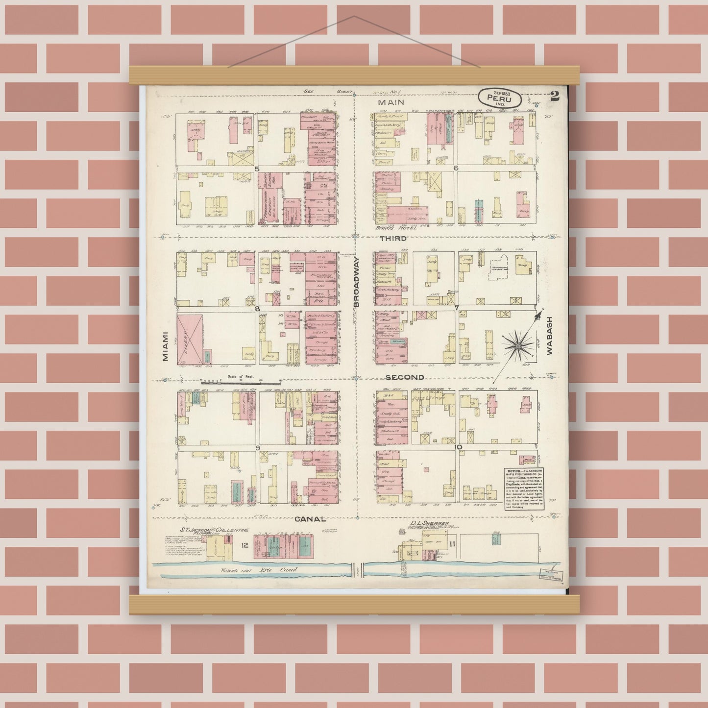 Old map wall art mockup — magnetic wood frame on brick wall — Sanborn Fire Insurance Map from Peru, Miami County, Indiana (1883), Sheet #0002
