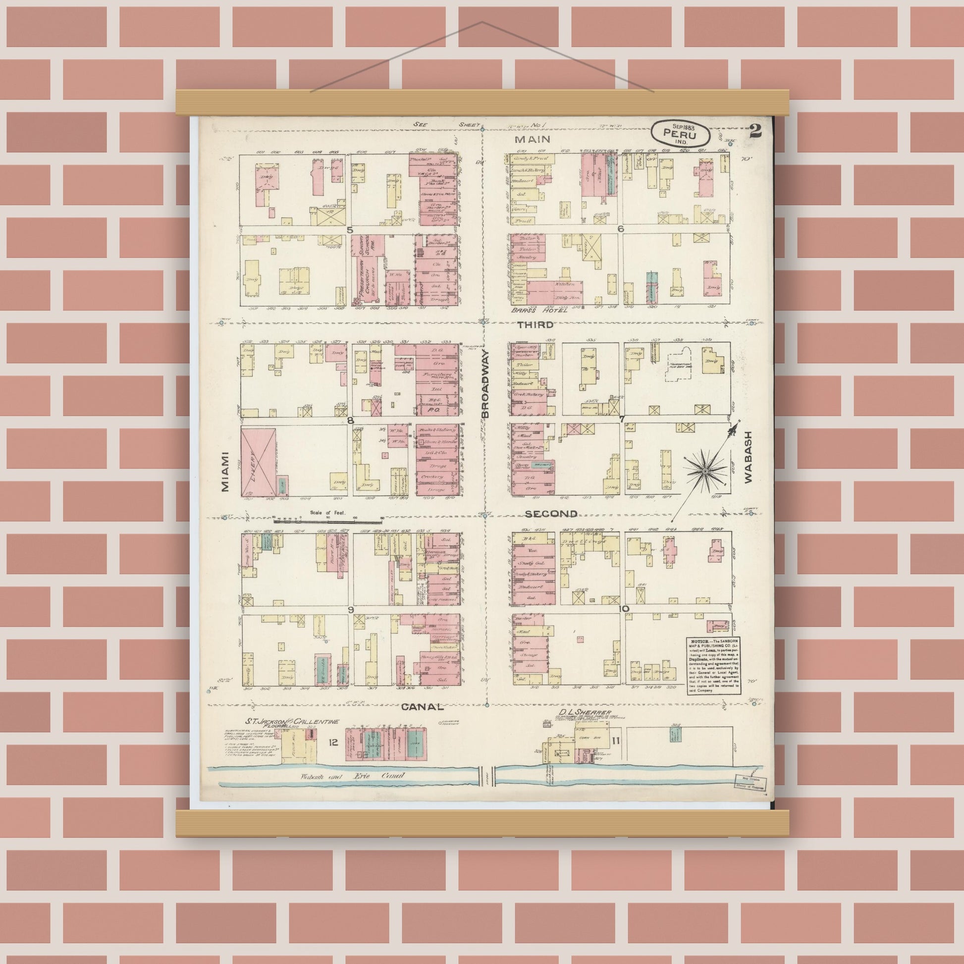 Old map wall art mockup — magnetic wood frame on brick wall — Sanborn Fire Insurance Map from Peru, Miami County, Indiana (1883), Sheet #0002