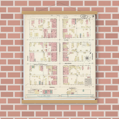 Old map wall art mockup — magnetic wood frame on brick wall — Sanborn Fire Insurance Map from Peru, Miami County, Indiana (1883), Sheet #0002