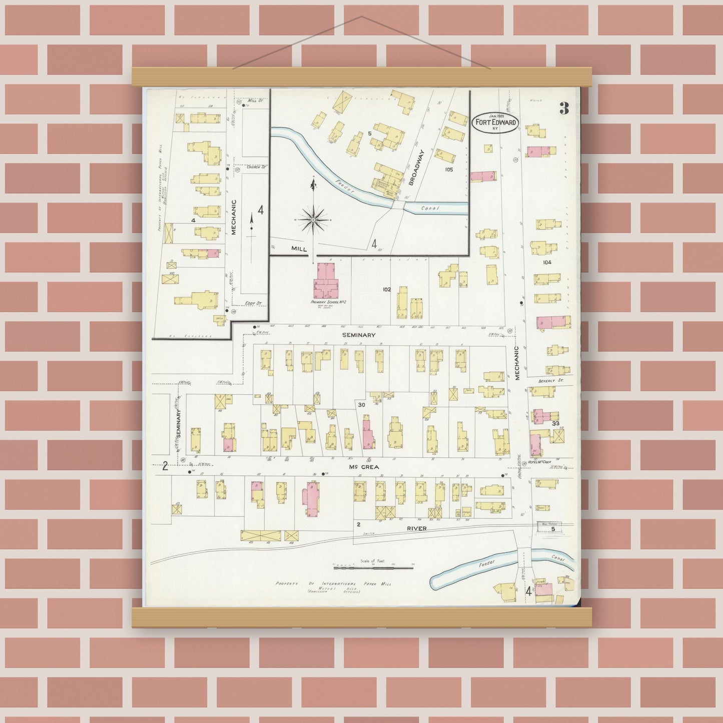 Old map wall art mockup — magnetic wood frame on brick wall — Sanborn Fire Insurance Map from Fort Edward, Washington County, New York (1909), Sheet #0003