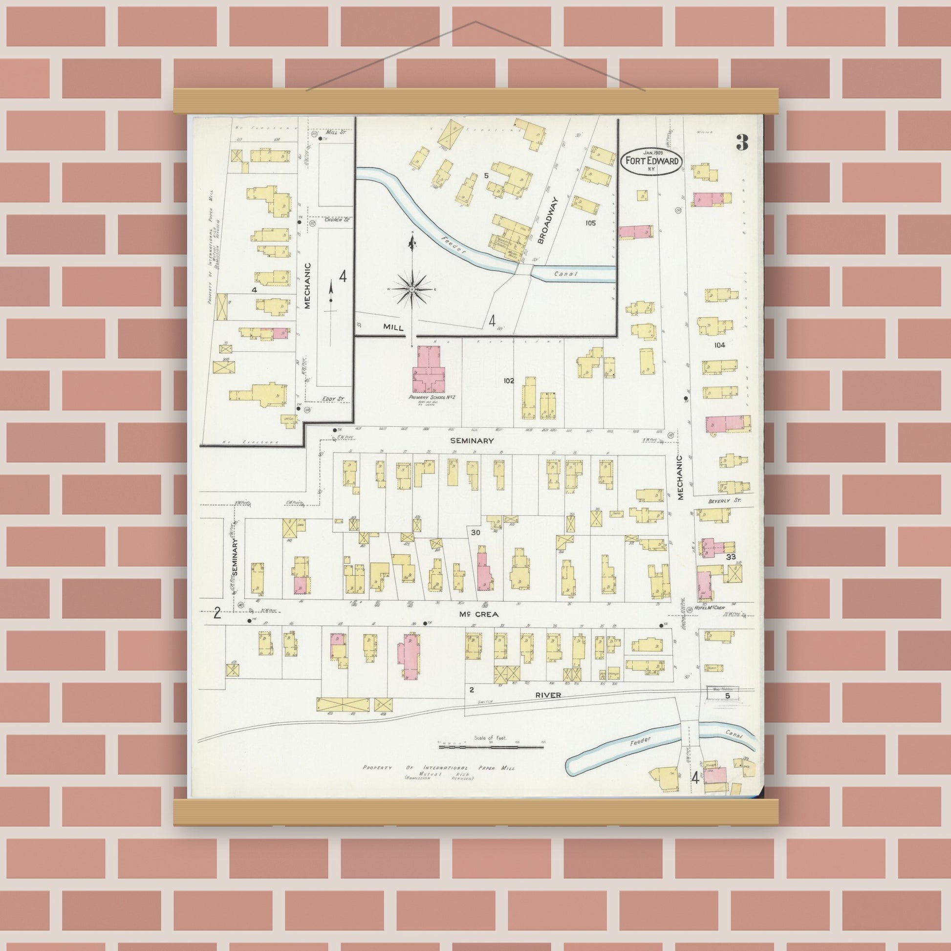 Old map wall art mockup — magnetic wood frame on brick wall — Sanborn Fire Insurance Map from Fort Edward, Washington County, New York (1909), Sheet #0003