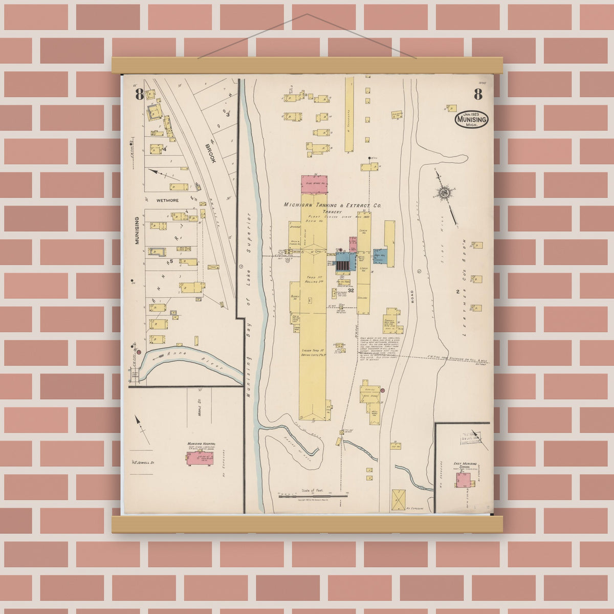 Old map wall art mockup — magnetic wood frame on brick wall — Sanborn Fire Insurance Map from Munising, Alger County, Michigan (1923), Sheet #0008