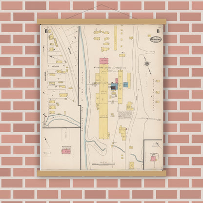 Old map wall art mockup — magnetic wood frame on brick wall — Sanborn Fire Insurance Map from Munising, Alger County, Michigan (1923), Sheet #0008
