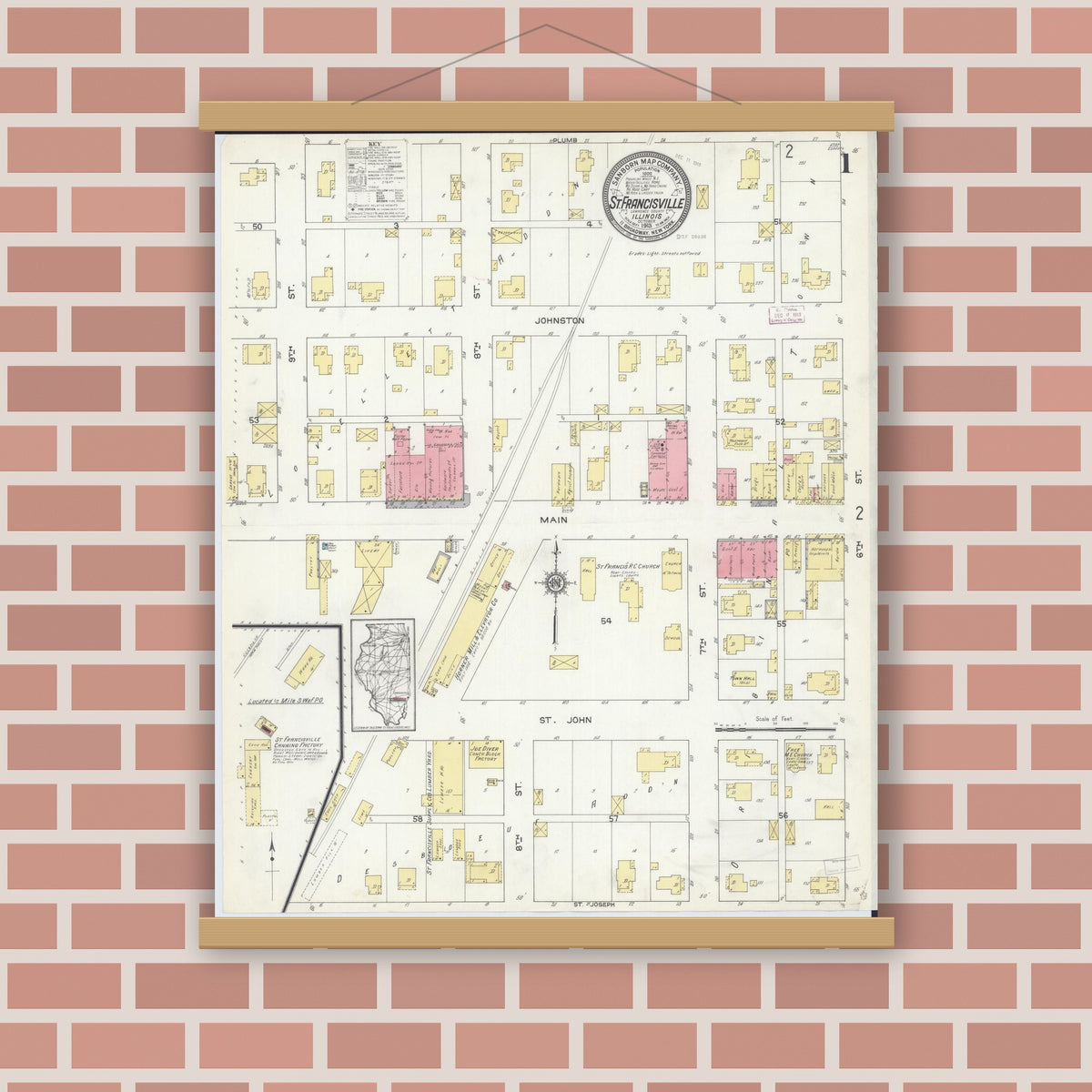 Old map wall art mockup — magnetic wood frame on brick wall — Sanborn Fire Insurance Map from Saint Francisville, Lawrence County, Illinois (1913) - Complete Map Set