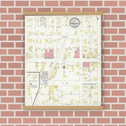 Old map wall art mockup — magnetic wood frame on brick wall — Sanborn Fire Insurance Map from Saint Francisville, Lawrence County, Illinois (1913) - Complete Map Set