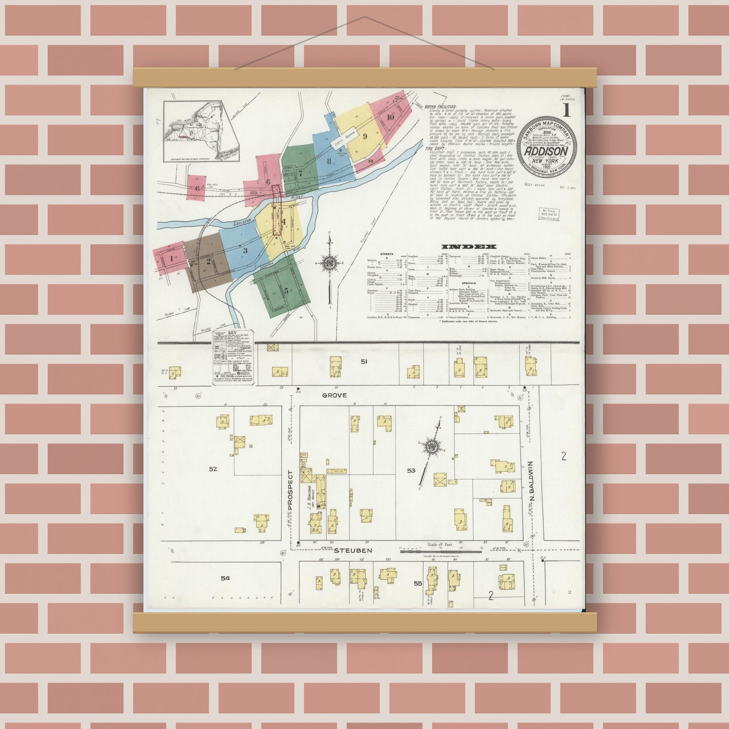 Old map wall art mockup — magnetic wood frame on brick wall — Sanborn Fire Insurance Map from Addison, Steuben County, New York (1921), Sheet #0001