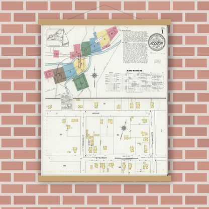 Old map wall art mockup — magnetic wood frame on brick wall — Sanborn Fire Insurance Map from Addison, Steuben County, New York (1921), Sheet #0001