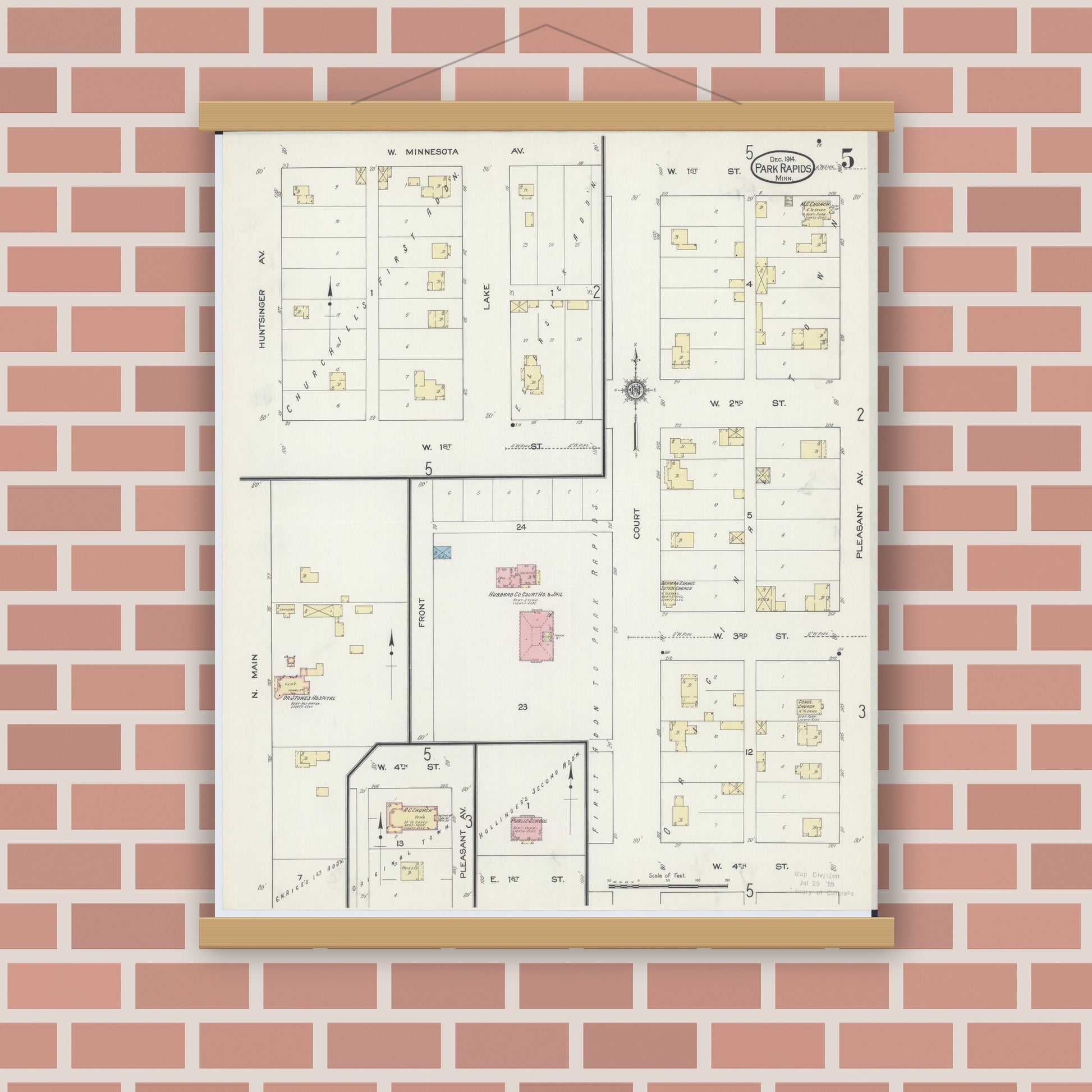 Old map wall art mockup — magnetic wood frame on brick wall — Sanborn Fire Insurance Map from Park Rapids, Hubbard County, Minnesota (1914), Sheet #0005