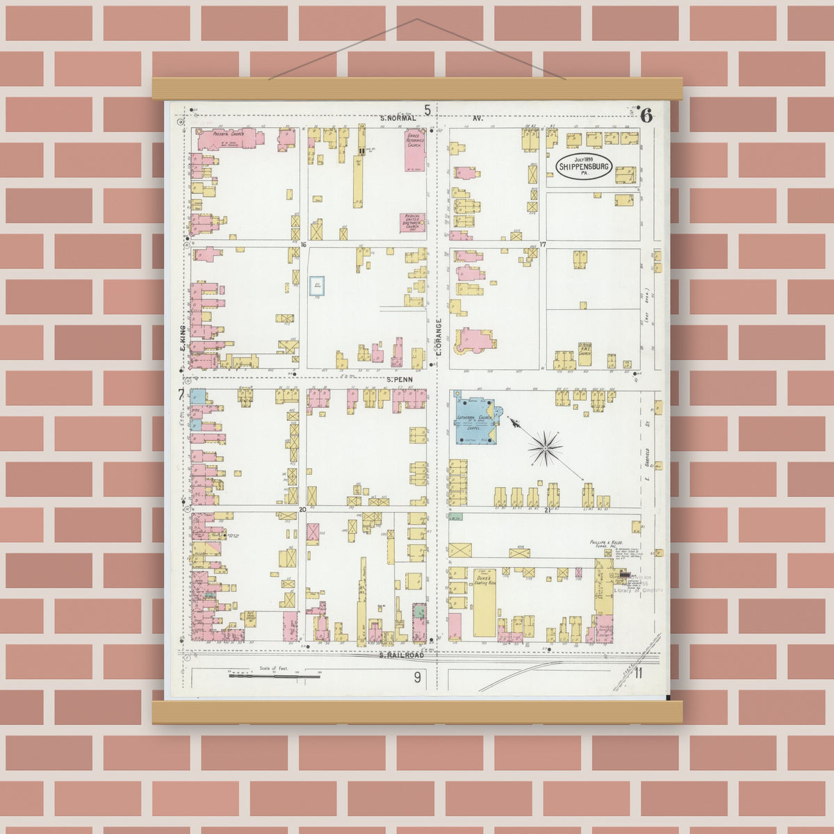 Old map wall art mockup — magnetic wood frame on brick wall — Sanborn Fire Insurance Map from Shippensburg, Cumberland And Franklin Counties, Pennsylvania (1899), Sheet #0006