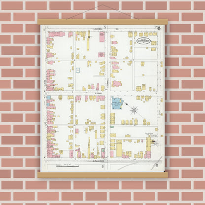 Old map wall art mockup — magnetic wood frame on brick wall — Sanborn Fire Insurance Map from Shippensburg, Cumberland And Franklin Counties, Pennsylvania (1899), Sheet #0006