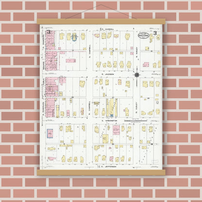 Old map wall art mockup — magnetic wood frame on brick wall — Sanborn Fire Insurance Map from Macomb, Mcdonough County, Illinois (1924), Sheet #0003