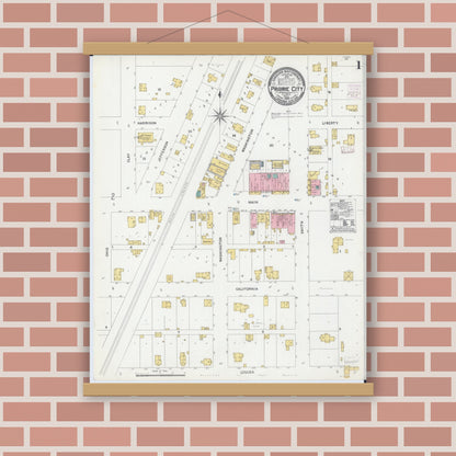 Old map wall art mockup — magnetic wood frame on brick wall — Sanborn Fire Insurance Map from Prairie City, Mcdonough County, Illinois (1906), Sheet #0001