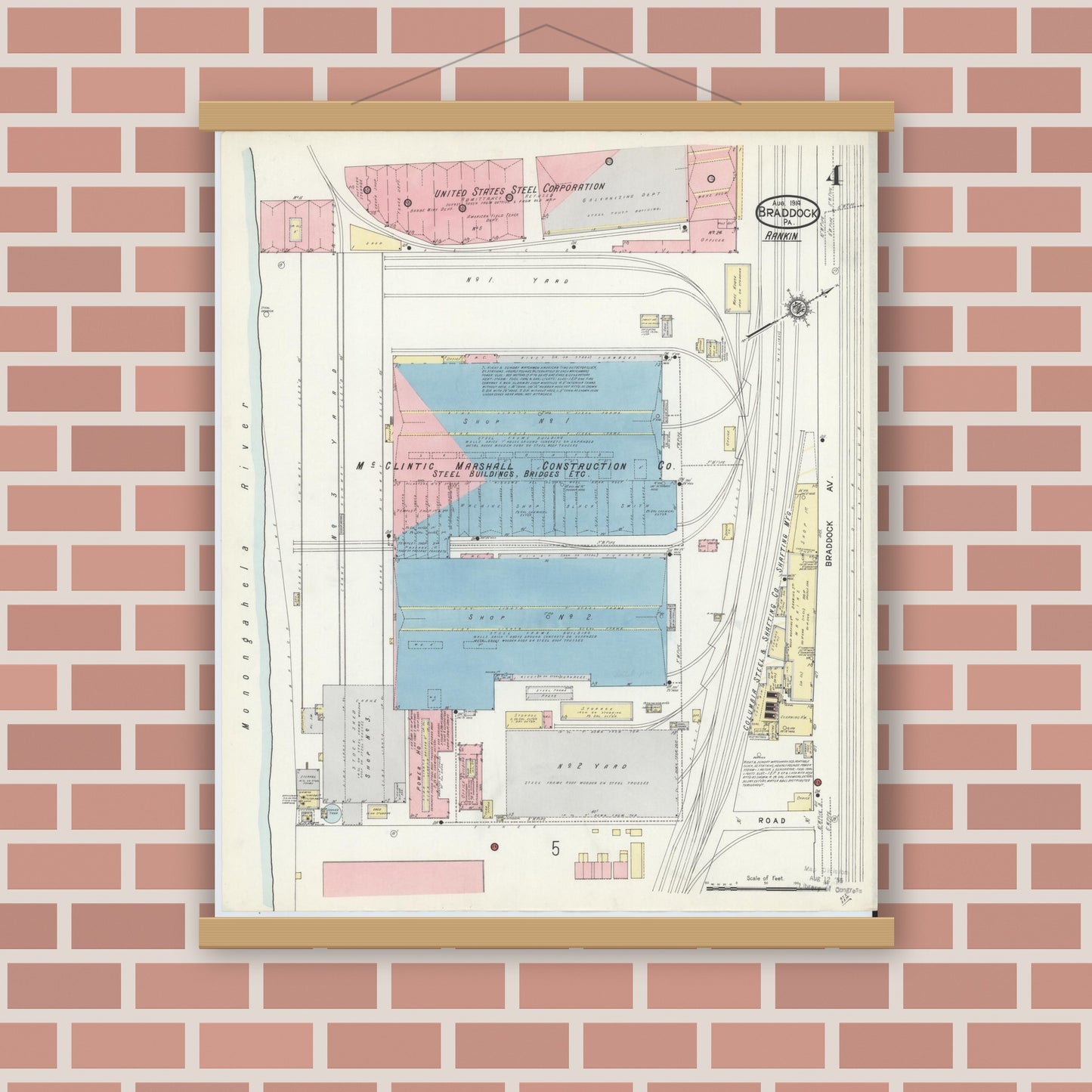 Old map wall art mockup — magnetic wood frame on brick wall — Sanborn Fire Insurance Map from Braddock, Allegheny County, Pennsylvania (1914), Sheet #0004