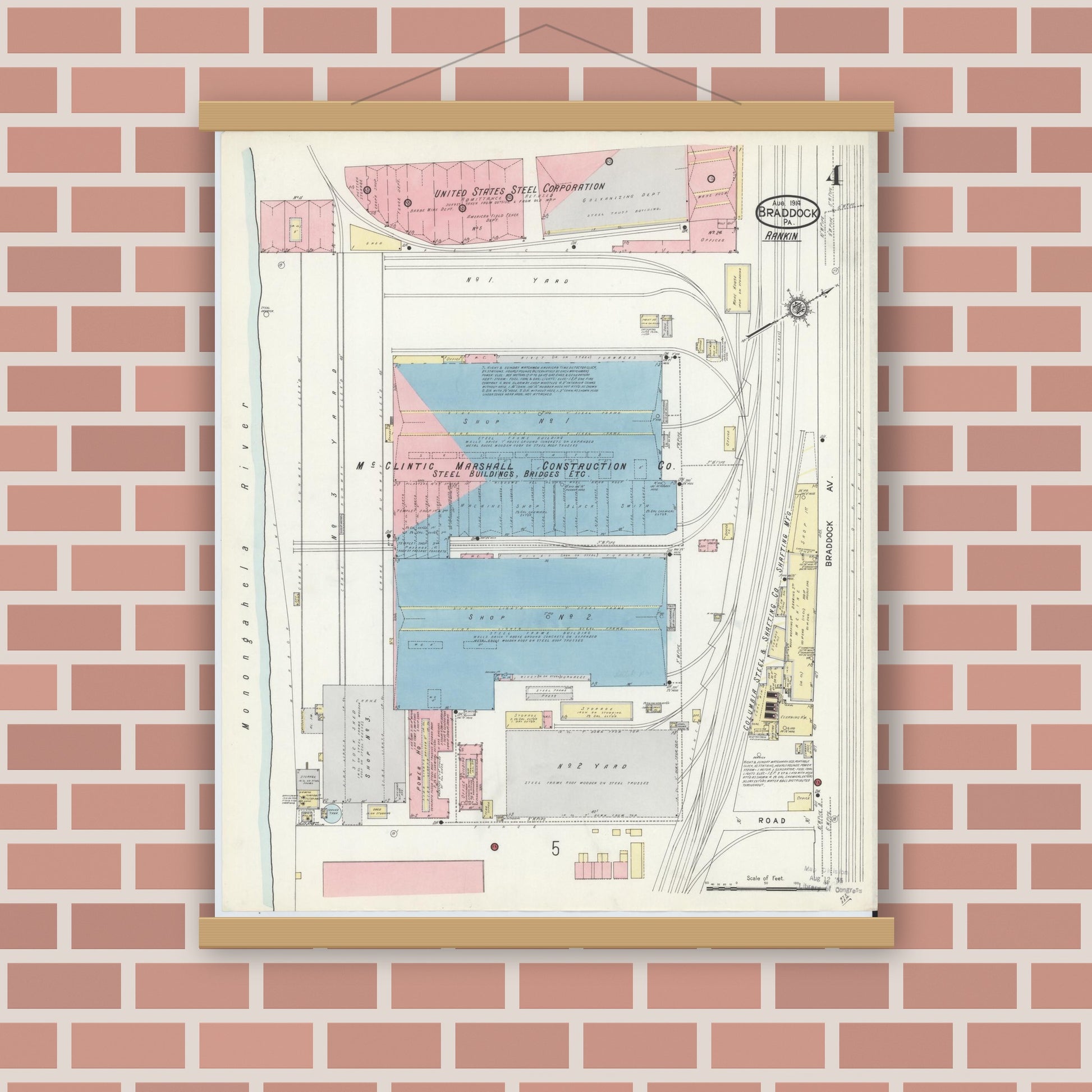 Old map wall art mockup — magnetic wood frame on brick wall — Sanborn Fire Insurance Map from Braddock, Allegheny County, Pennsylvania (1914), Sheet #0004