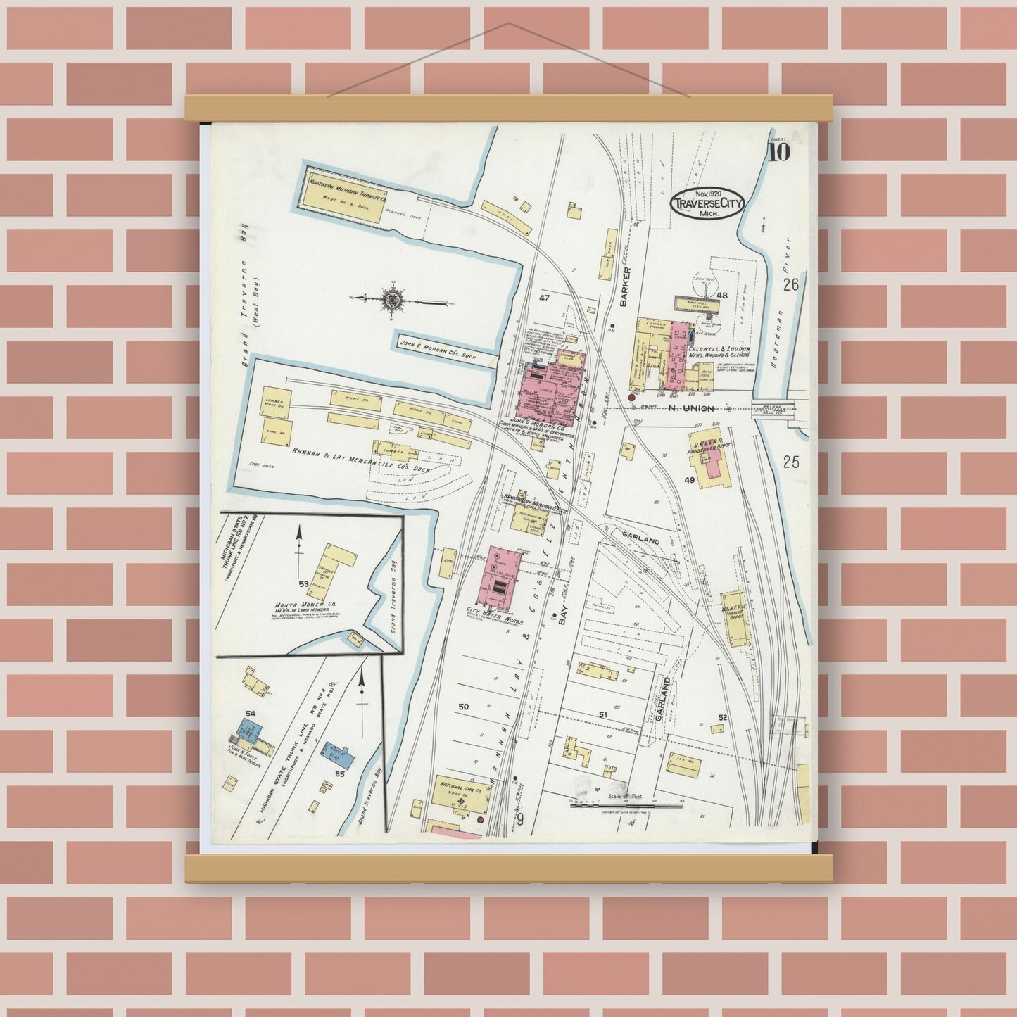 Old map wall art mockup — magnetic wood frame on brick wall — Sanborn Fire Insurance Map from Traverse City, Grand Traverse County, Michigan (1920), Sheet #0010