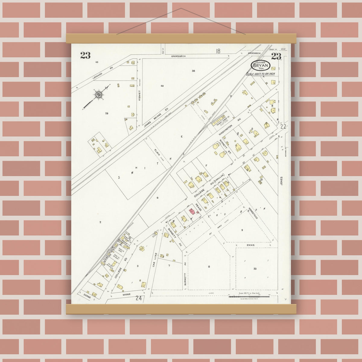 Old map wall art mockup — magnetic wood frame on brick wall — Sanborn Fire Insurance Map from Bryan, Brazos County, Texas (1925), Sheet #0023