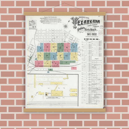 Old map wall art mockup — magnetic wood frame on brick wall — Sanborn Fire Insurance Map from Texarkana, Bowie County, Texas (1900) - Complete Map Set