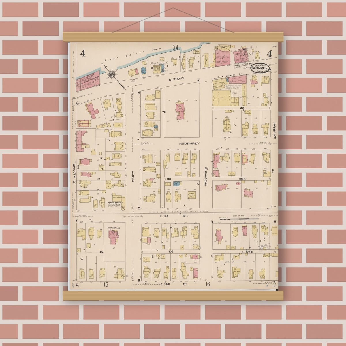 Old map wall art mockup — magnetic wood frame on brick wall — Sanborn Fire Insurance Map from Monroe, Monroe County, Michigan (1922), Sheet #0004