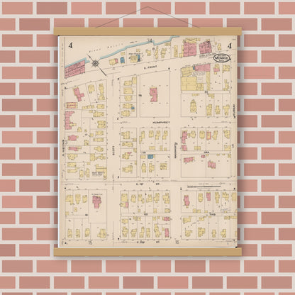 Old map wall art mockup — magnetic wood frame on brick wall — Sanborn Fire Insurance Map from Monroe, Monroe County, Michigan (1922), Sheet #0004