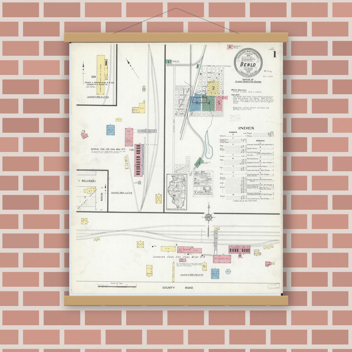 Old map wall art mockup — magnetic wood frame on brick wall — Sanborn Fire Insurance Map from Benld, Macoupin County, Illinois (1915), Sheet #0001