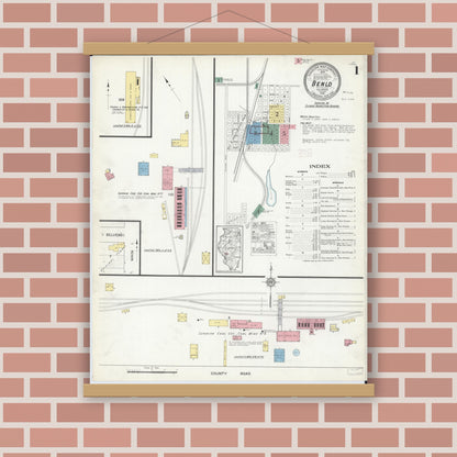 Old map wall art mockup — magnetic wood frame on brick wall — Sanborn Fire Insurance Map from Benld, Macoupin County, Illinois (1915), Sheet #0001