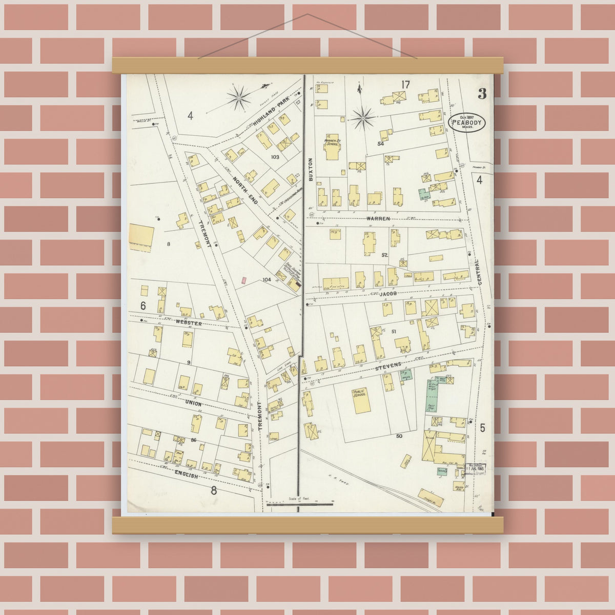 Old map wall art mockup — magnetic wood frame on brick wall — Sanborn Fire Insurance Map from Peabody, Essex County, Massachusetts (1897), Sheet #0003