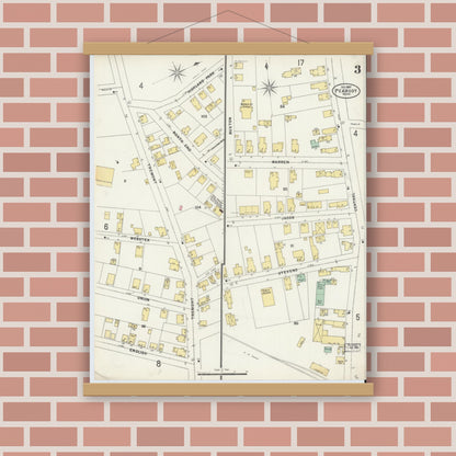 Old map wall art mockup — magnetic wood frame on brick wall — Sanborn Fire Insurance Map from Peabody, Essex County, Massachusetts (1897), Sheet #0003