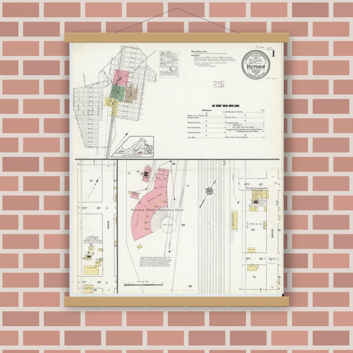 Old map wall art mockup — magnetic wood frame on brick wall — Sanborn Fire Insurance Map from Victoria, Lunenburg County, Virginia (1915) - Complete Map Set