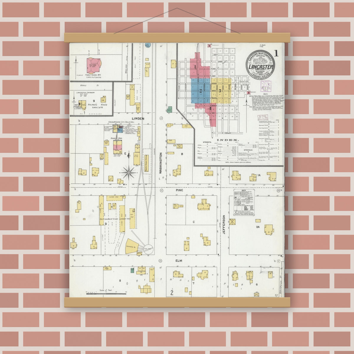 Old map wall art mockup — magnetic wood frame on brick wall — Sanborn Fire Insurance Map from Lancaster, Grant County, Wisconsin (1905) - Complete Map Set