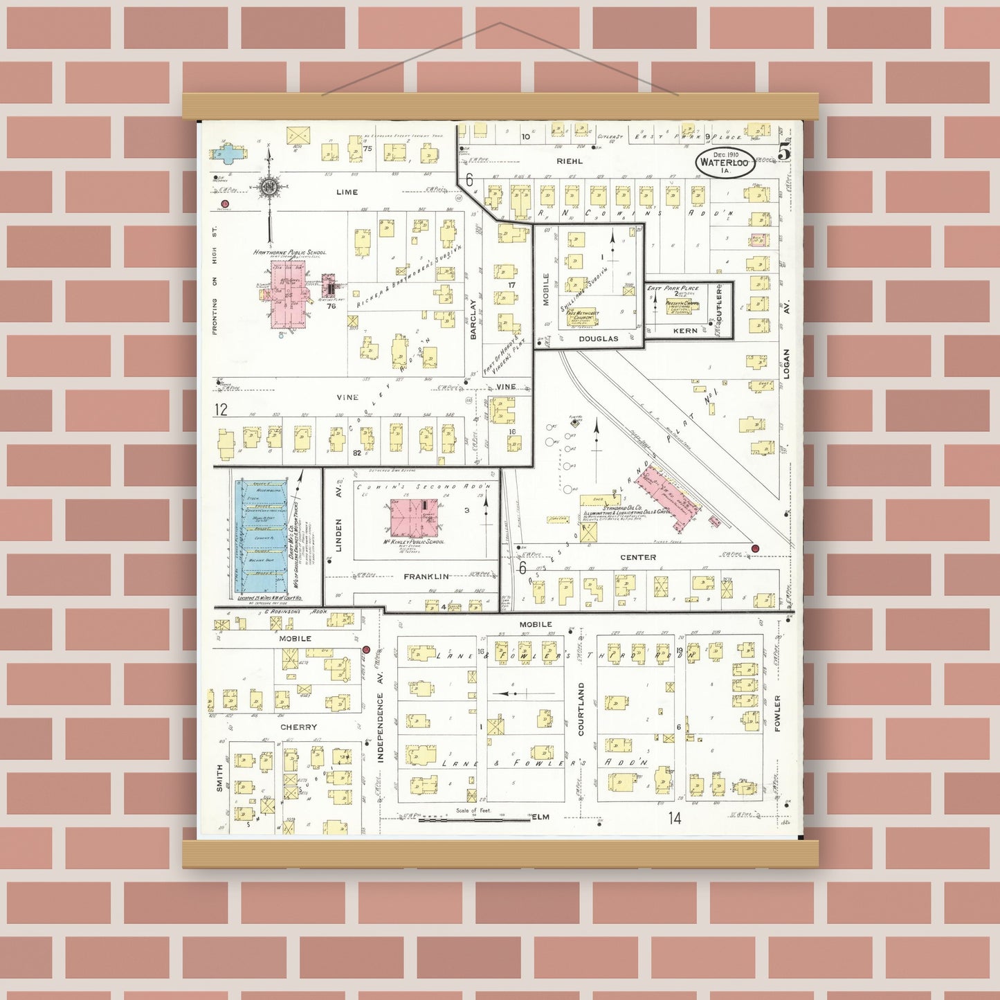 Old map wall art mockup — magnetic wood frame on brick wall — Sanborn Fire Insurance Map from Waterloo, Black Hawk County, Iowa (1910), Sheet #0005