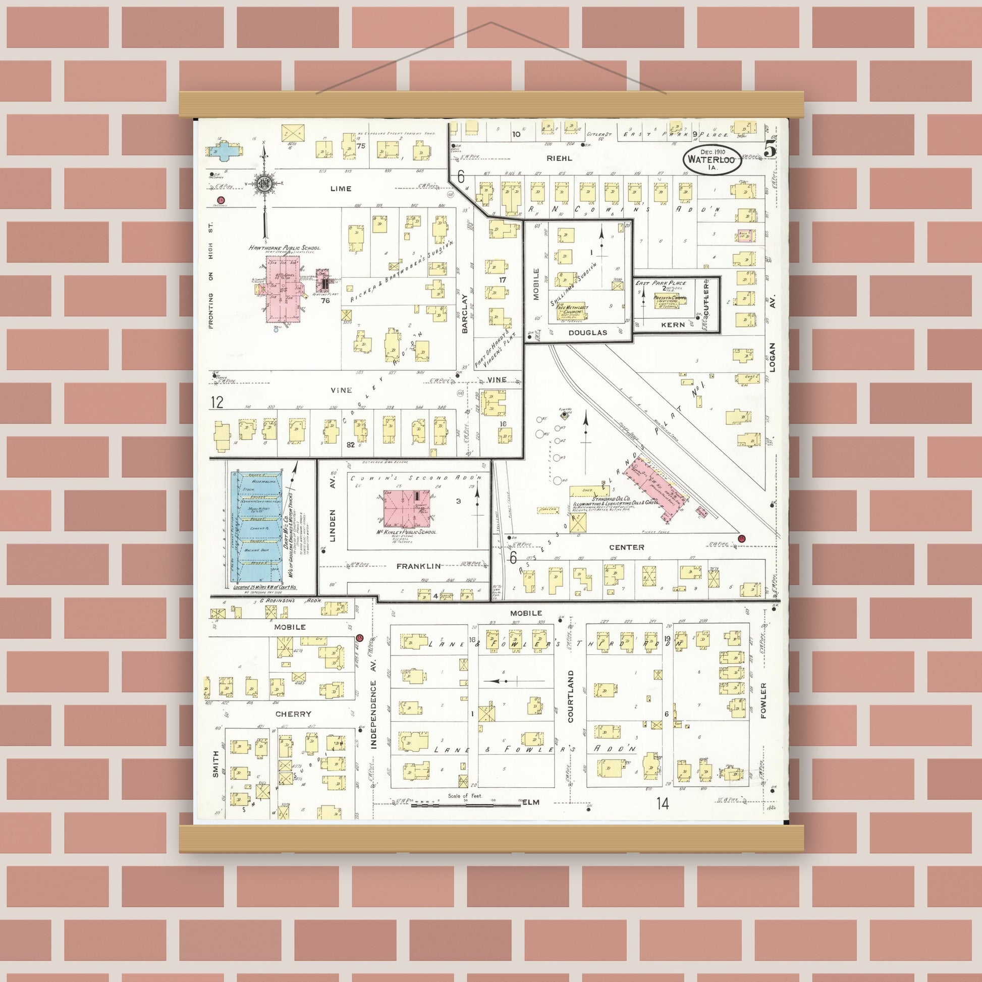 Old map wall art mockup — magnetic wood frame on brick wall — Sanborn Fire Insurance Map from Waterloo, Black Hawk County, Iowa (1910), Sheet #0005