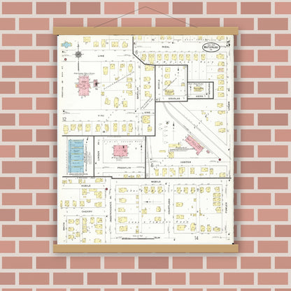 Old map wall art mockup — magnetic wood frame on brick wall — Sanborn Fire Insurance Map from Waterloo, Black Hawk County, Iowa (1910), Sheet #0005