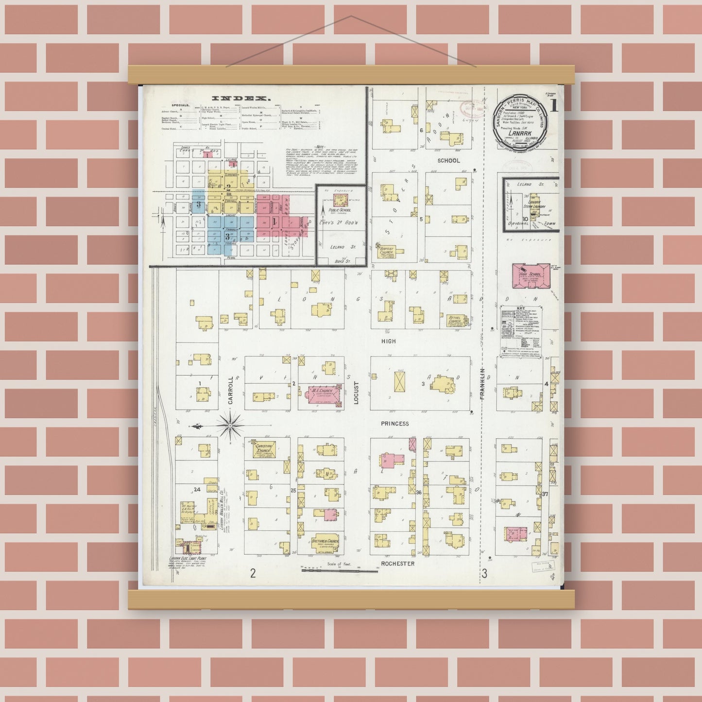 Old map wall art mockup — magnetic wood frame on brick wall — Sanborn Fire Insurance Map from Lanark, Carroll County, Illinois (1899), Sheet #0001