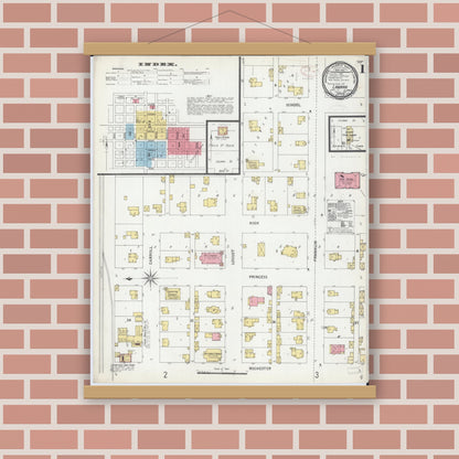 Old map wall art mockup — magnetic wood frame on brick wall — Sanborn Fire Insurance Map from Lanark, Carroll County, Illinois (1899), Sheet #0001