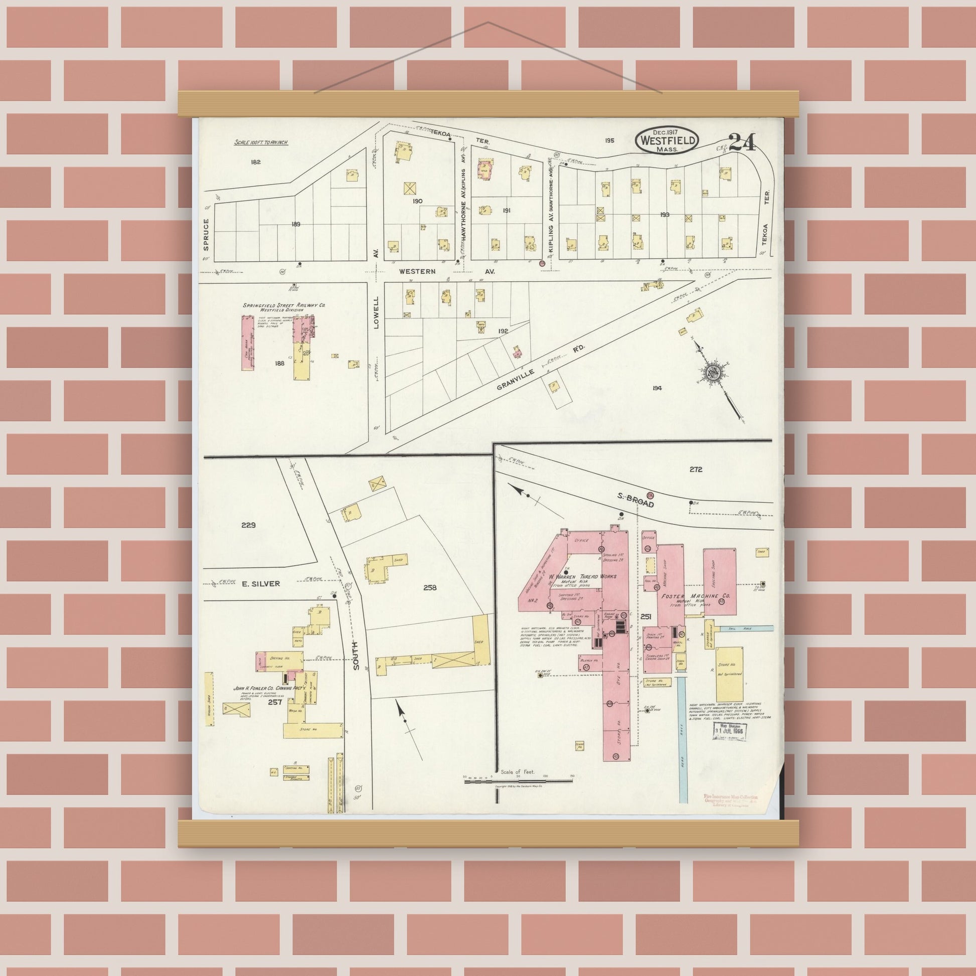 Old map wall art mockup — magnetic wood frame on brick wall — Sanborn Fire Insurance Map from Westfield, Hampden County, Massachusetts (1917), Sheet #0024