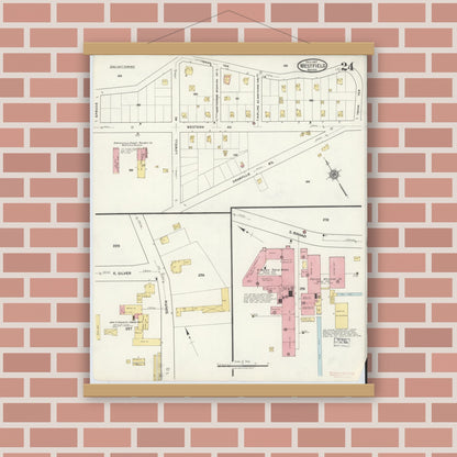 Old map wall art mockup — magnetic wood frame on brick wall — Sanborn Fire Insurance Map from Westfield, Hampden County, Massachusetts (1917), Sheet #0024