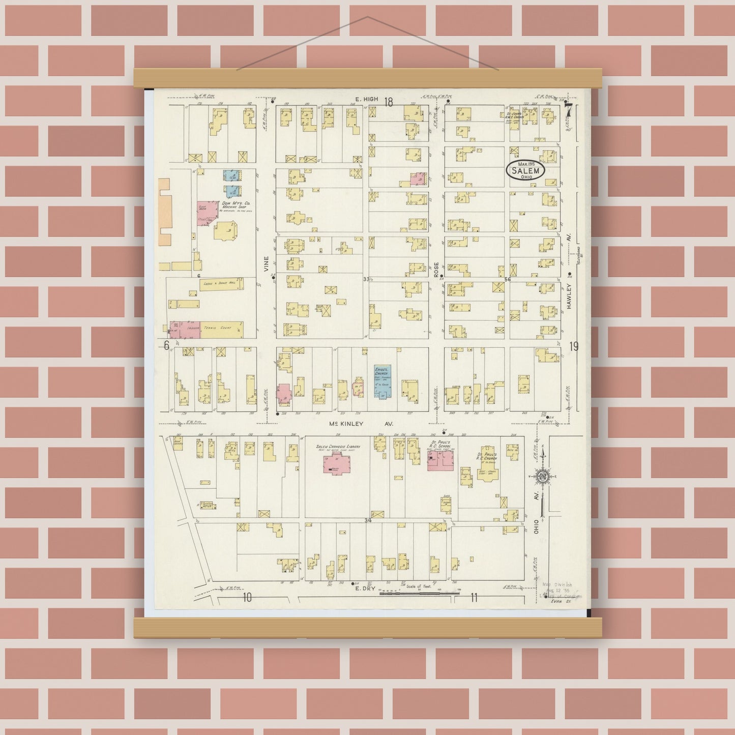 Old map wall art mockup — magnetic wood frame on brick wall — Sanborn Fire Insurance Map from Salem, Columbiana County, Ohio (1915), Sheet #0007