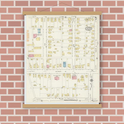 Old map wall art mockup — magnetic wood frame on brick wall — Sanborn Fire Insurance Map from Salem, Columbiana County, Ohio (1915), Sheet #0007