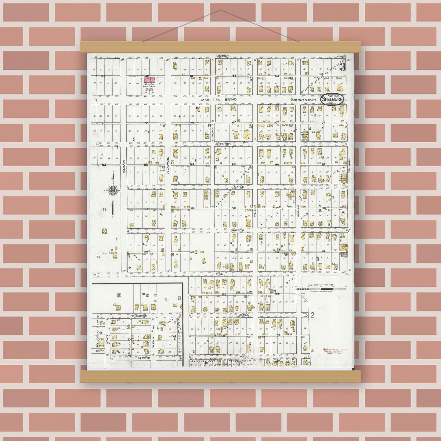 Old map wall art mockup — magnetic wood frame on brick wall — Sanborn Fire Insurance Map from Shelburn, Sullivan County, Indiana (1921), Sheet #0003