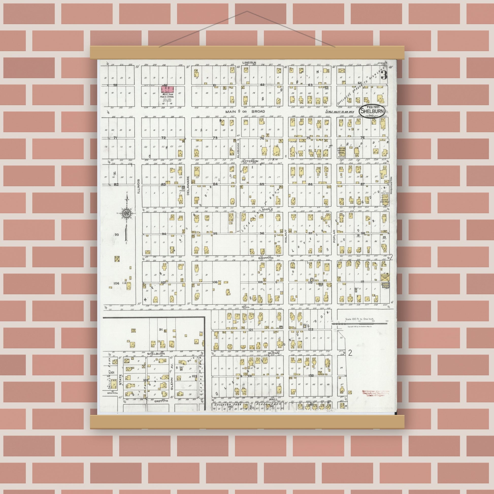 Old map wall art mockup — magnetic wood frame on brick wall — Sanborn Fire Insurance Map from Shelburn, Sullivan County, Indiana (1921), Sheet #0003