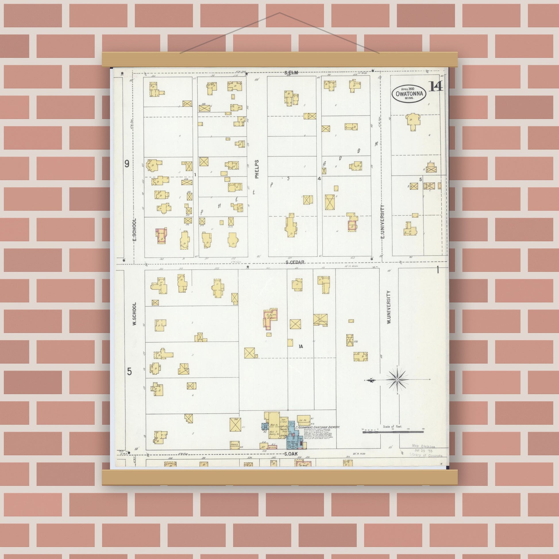 Old map wall art mockup — magnetic wood frame on brick wall — Sanborn Fire Insurance Map from Owatonna, Steele County, Minnesota (1900), Sheet #0014