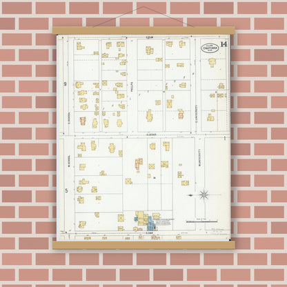 Old map wall art mockup — magnetic wood frame on brick wall — Sanborn Fire Insurance Map from Owatonna, Steele County, Minnesota (1900), Sheet #0014