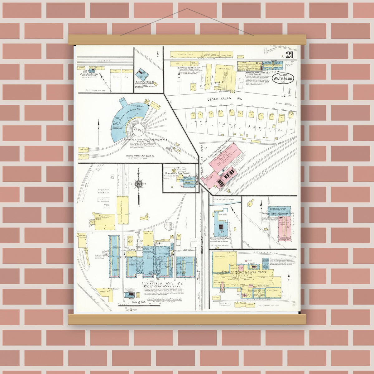 Old map wall art mockup — magnetic wood frame on brick wall — Sanborn Fire Insurance Map from Waterloo, Black Hawk County, Iowa (1910), Sheet #0021