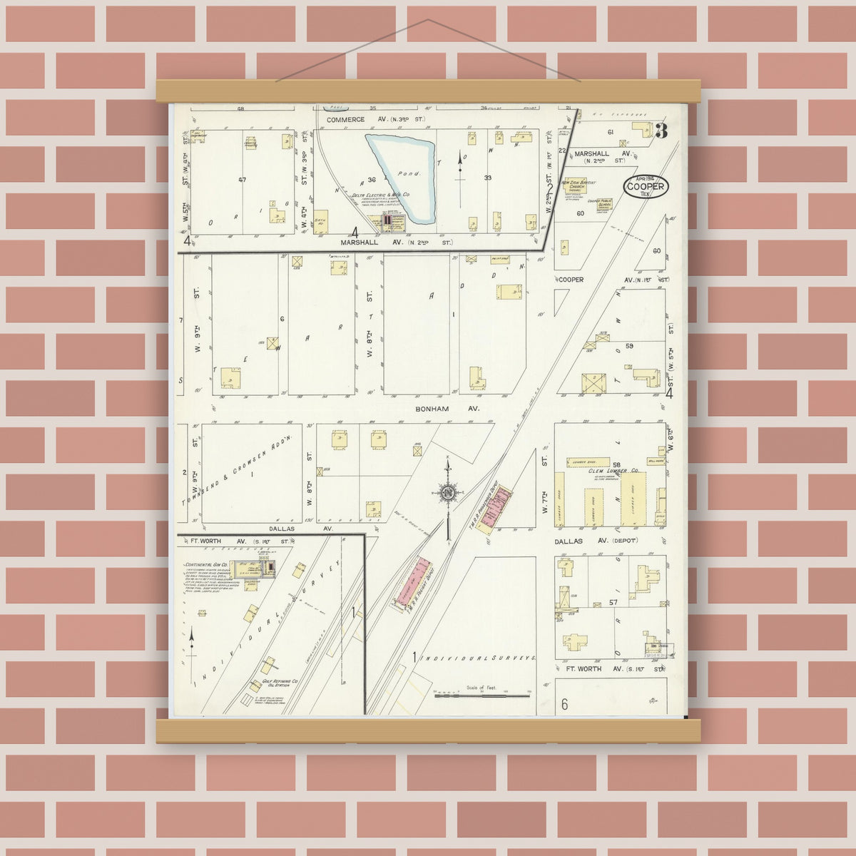 Old map wall art mockup — magnetic wood frame on brick wall — Sanborn Fire Insurance Map from Cooper, Delta County, Texas (1914), Sheet #0003