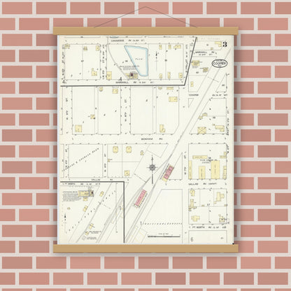 Old map wall art mockup — magnetic wood frame on brick wall — Sanborn Fire Insurance Map from Cooper, Delta County, Texas (1914), Sheet #0003