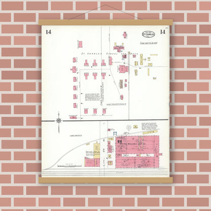 Old map wall art mockup — magnetic wood frame on brick wall — Sanborn Fire Insurance Map from Saint Charles, Kane County, Illinois (1923), Sheet #0014